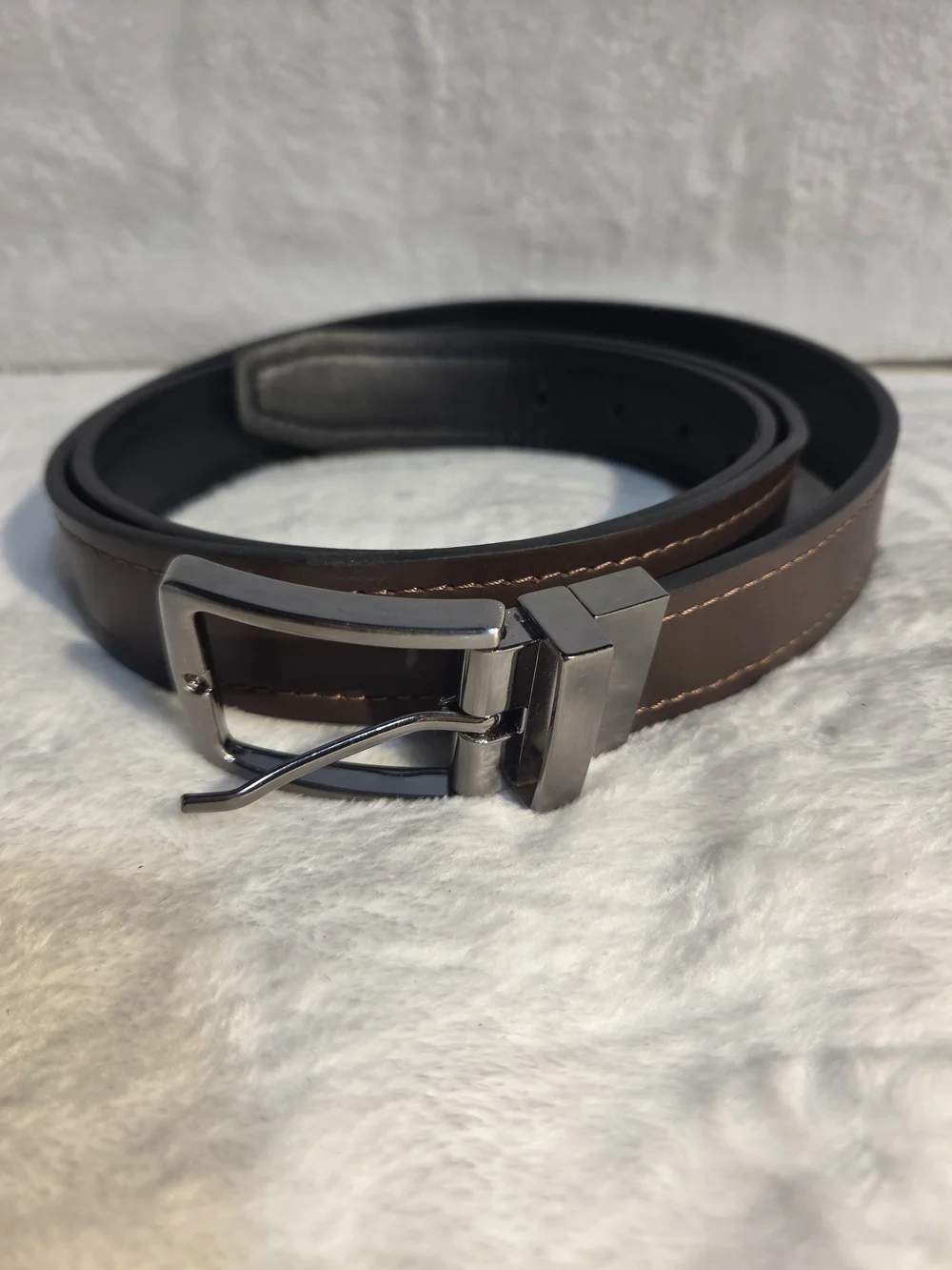 Reversible Men’s Brown and Black Leather Belt with Silver Buckle